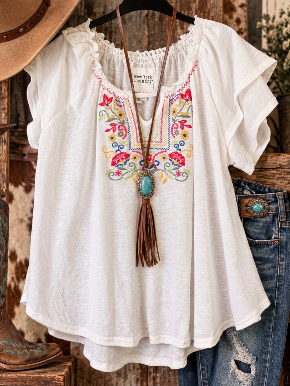 New York Laundry XL White Floral Embroidered Boho Western Blouse